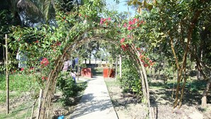 Un sentier qui traverse un jardin, avec une arche en bois ornée de plantes en fleurs.