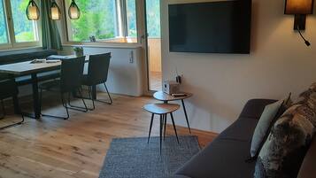 40-inch flat-screen TV with satellite channels, TV, heated floors