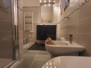 Hair dryer, bidet, towels, toilet paper
