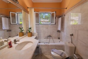Ensemble baignoire-douche, séchoir à cheveux, serviettes fournies, savon