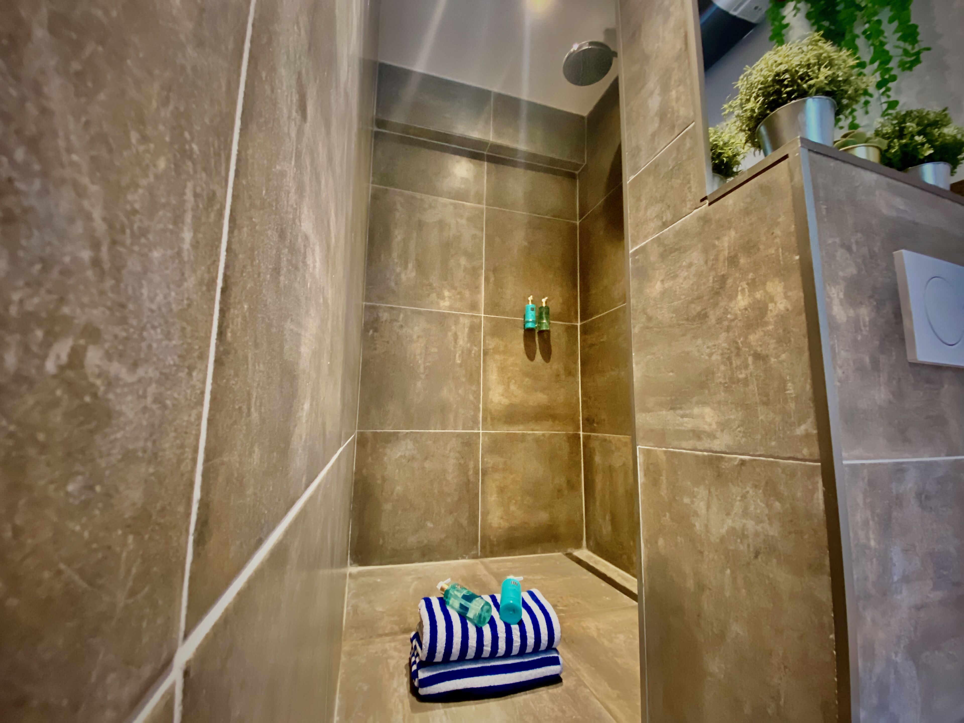 Shower, hair dryer, bathrobes, towels