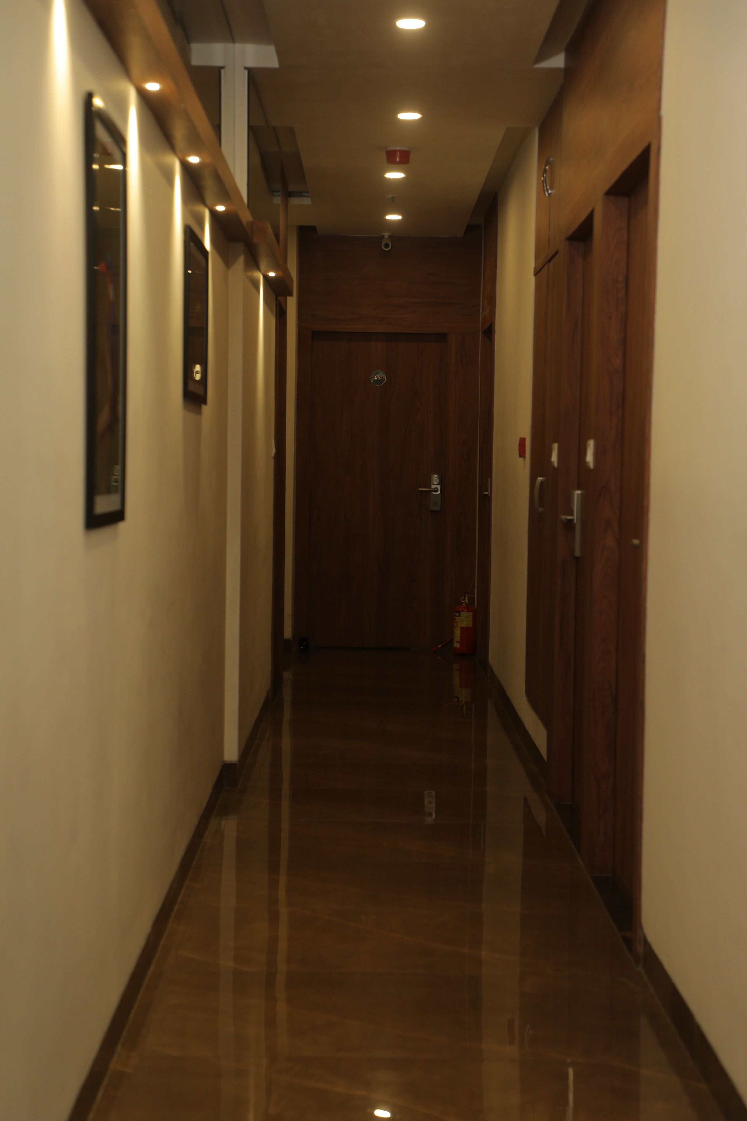 A hallway with wooden doors, framed pictures on the walls, and a polished floor.