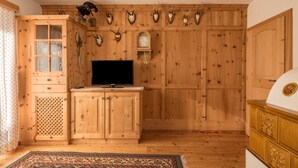 A room with wooden paneling, a television on a cabinet, a patterned rug, and mounted animal skulls on the wall.