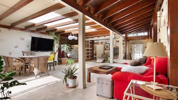 Televisión, chimenea, reproductor de DVD, estéreo