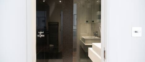 Combined shower/tub, hair dryer, towels, soap