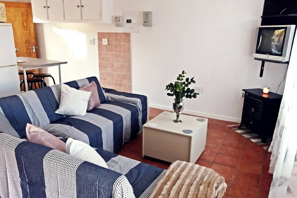 A living room with a sofa set, a small table with a plant, a television, and a black cabinet.