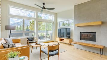 Smart-TV, peis, bøker og kontorer