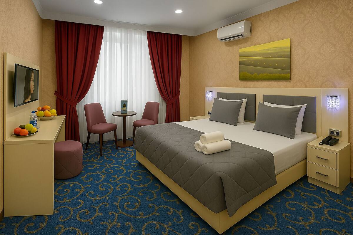 Ein Hotelzimmer mit einem Bett, einem Schreibtisch mit Obstschale, zwei Stühlen, einem kleinen Tisch und einem Bild an der Wand.