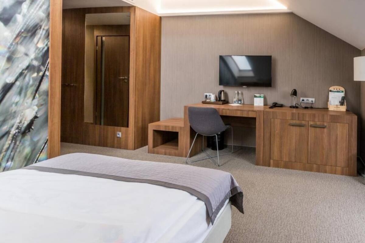 A hotel room with a bed, a desk, a chair, a television, and a wardrobe.