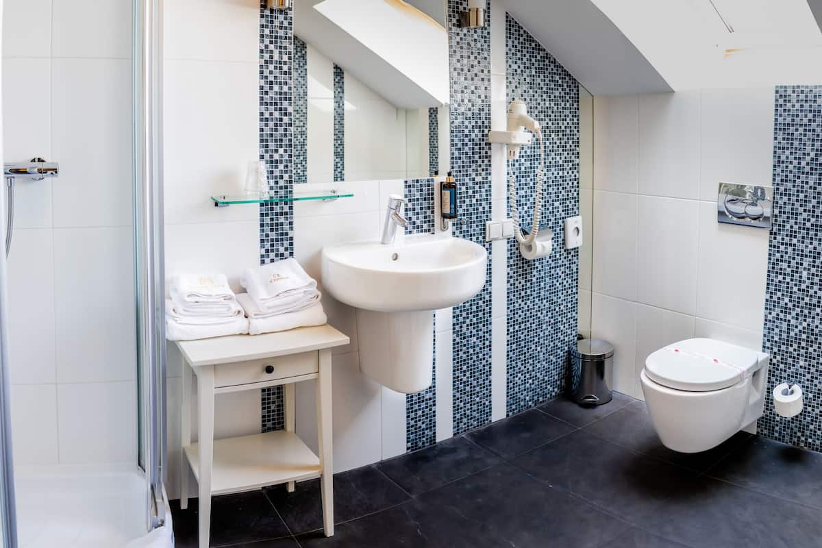 A modern bathroom with a glass shower enclosure, a white sink, and a toilet.