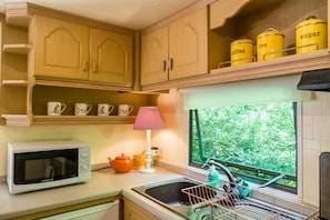 Cabin | Private kitchen | Fridge, microwave, oven, stovetop