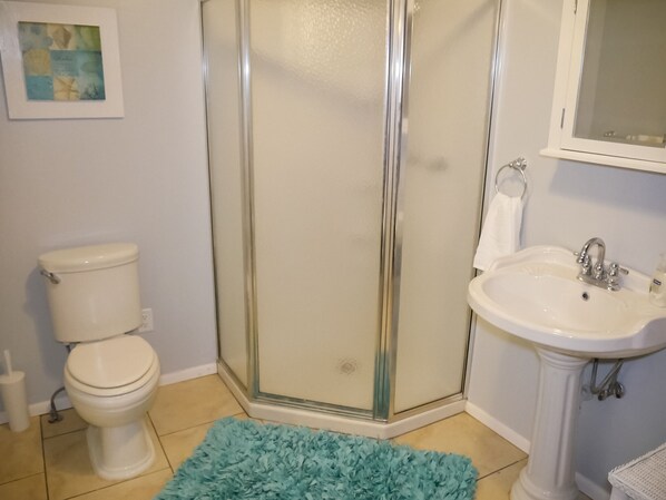 A bathroom with a toilet, a glass-enclosed shower, and a sink.