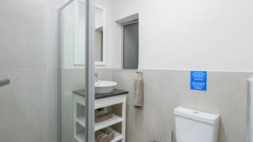 A bathroom with a glass shower enclosure, a sink, a toilet, and a towel rack.