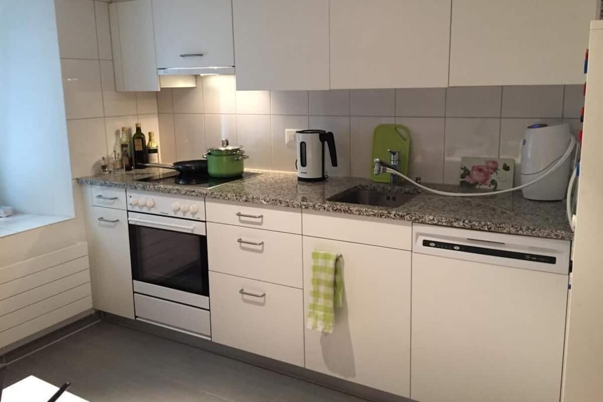A modern kitchen with white cabinets, a built-in oven, a dishwasher, and a granite countertop.