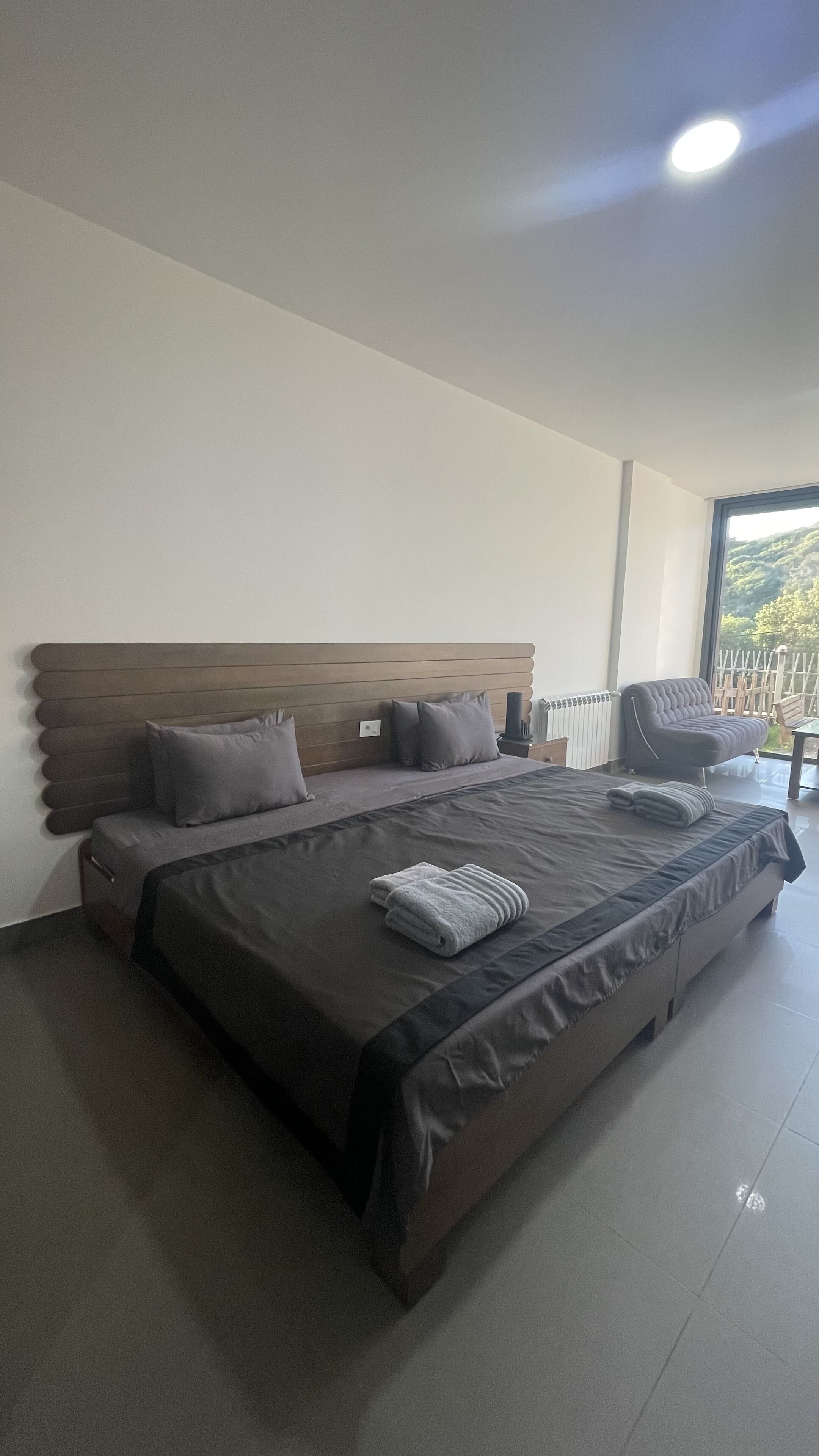 A modern bedroom with a large bed, a wooden headboard, and a view of the outdoors.