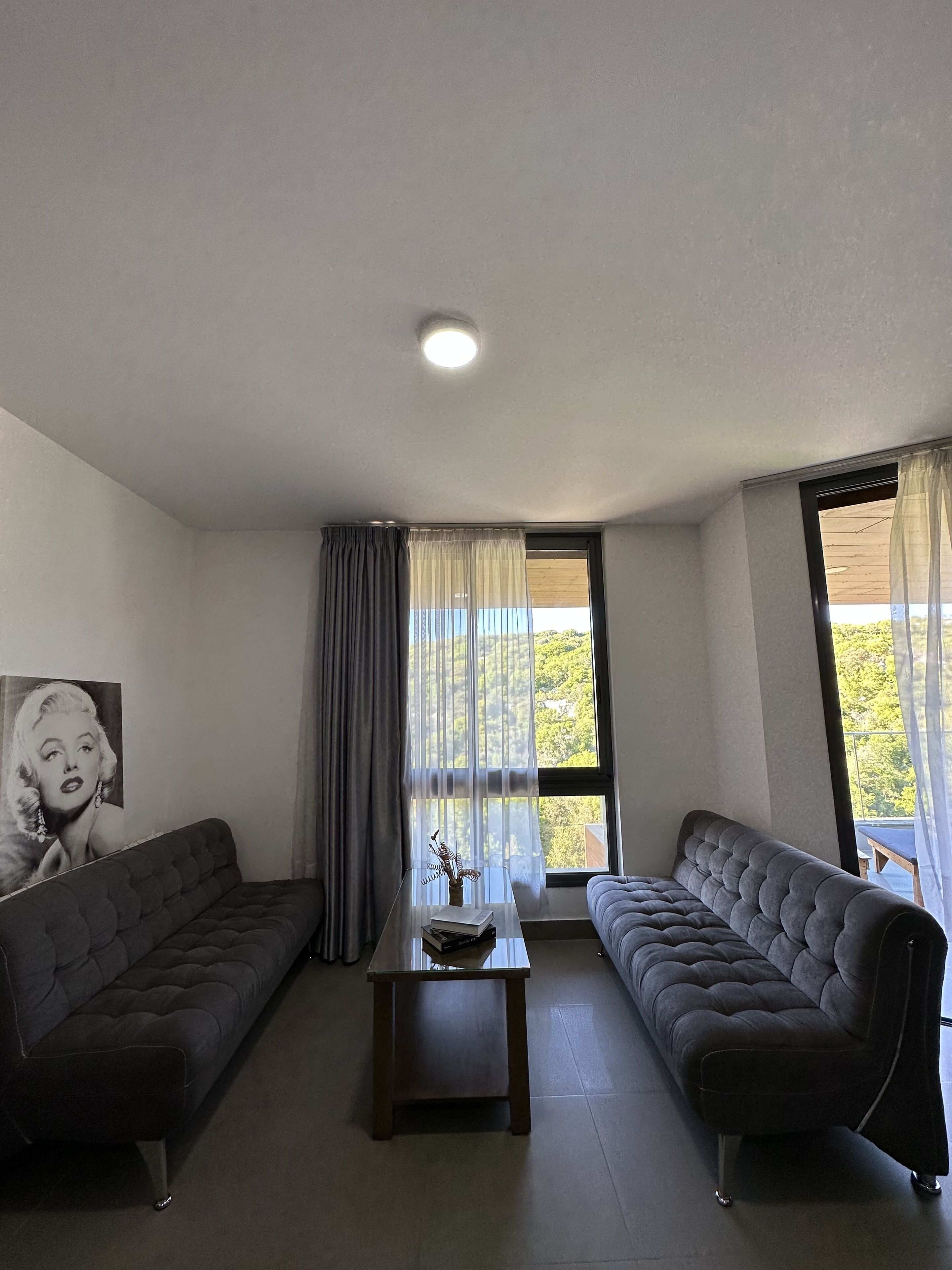 A modern living room with two dark sofas, a glass coffee table, and a large window with sheer curtains.