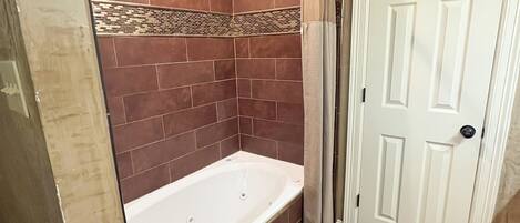 Une salle de bain avec une baignoire, une douche et une porte.