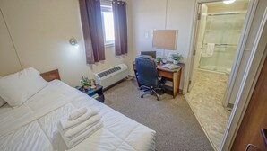 A hotel room with a bed, a desk, a chair, a window with curtains, a wall-mounted air conditioner, a small table with a plant, and a shower area. - The Armadillo Hotel (Odessa)