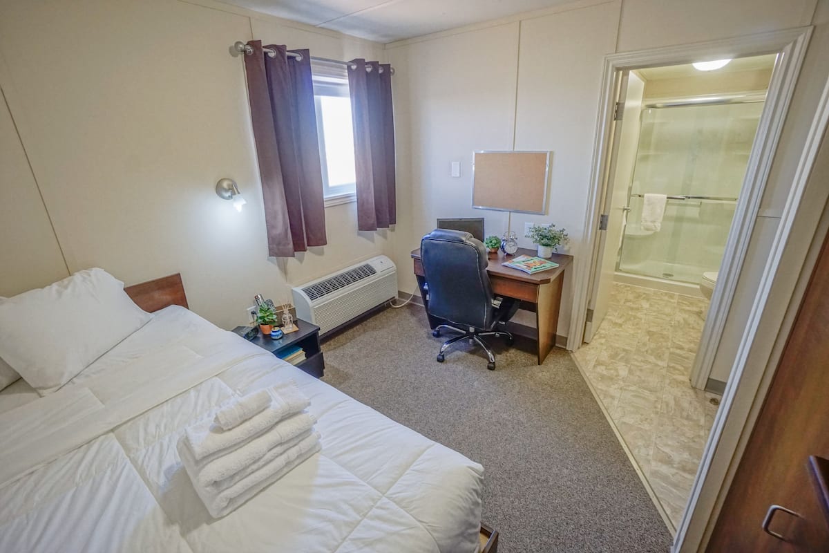 A hotel room with a bed, a desk, a chair, a window with curtains, a wall-mounted air conditioner, a small table with a plant, and a shower area.