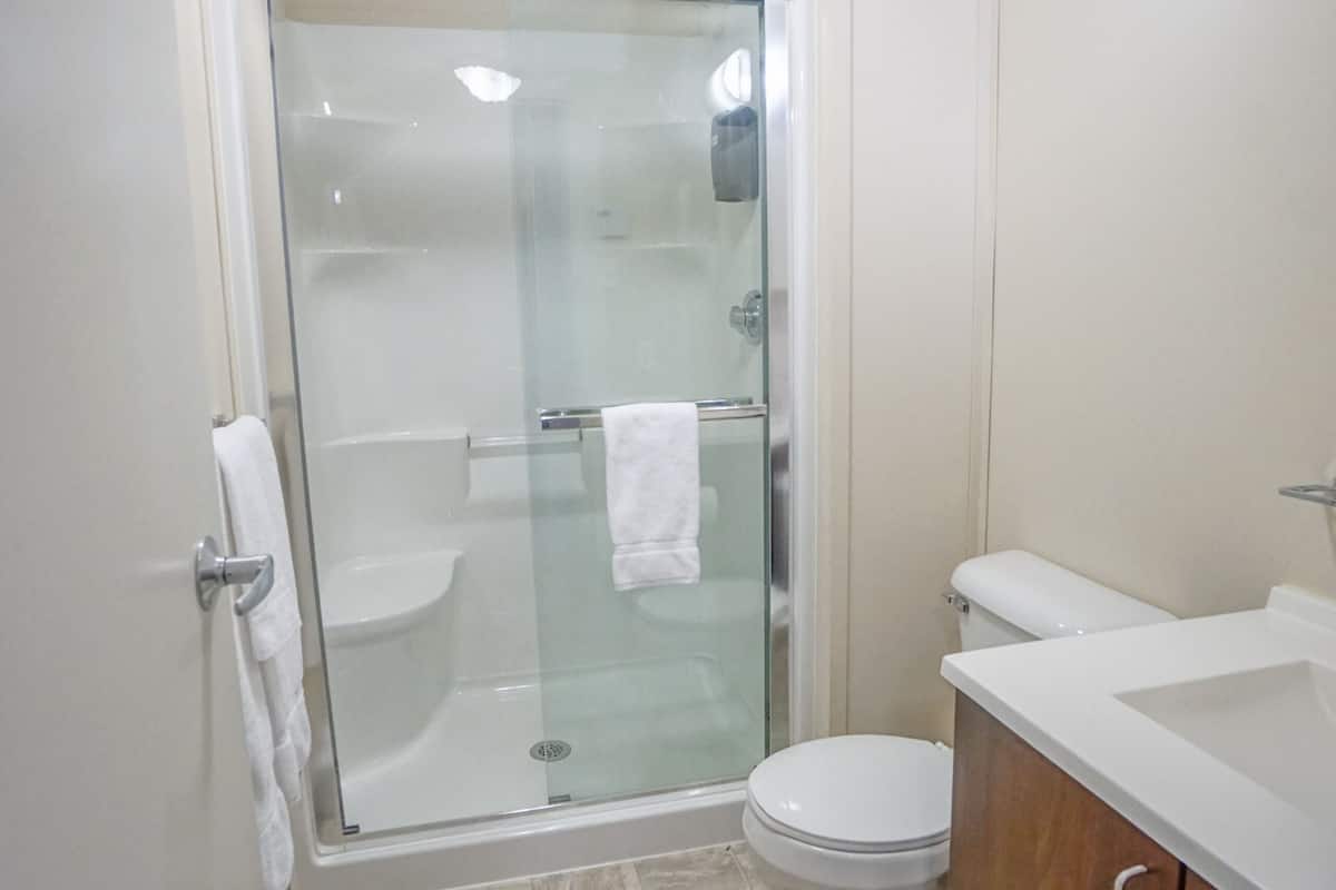 room | bathroom | shower, towels, soap, shampoo