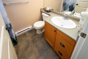 Hair dryer, towels, soap, toilet paper