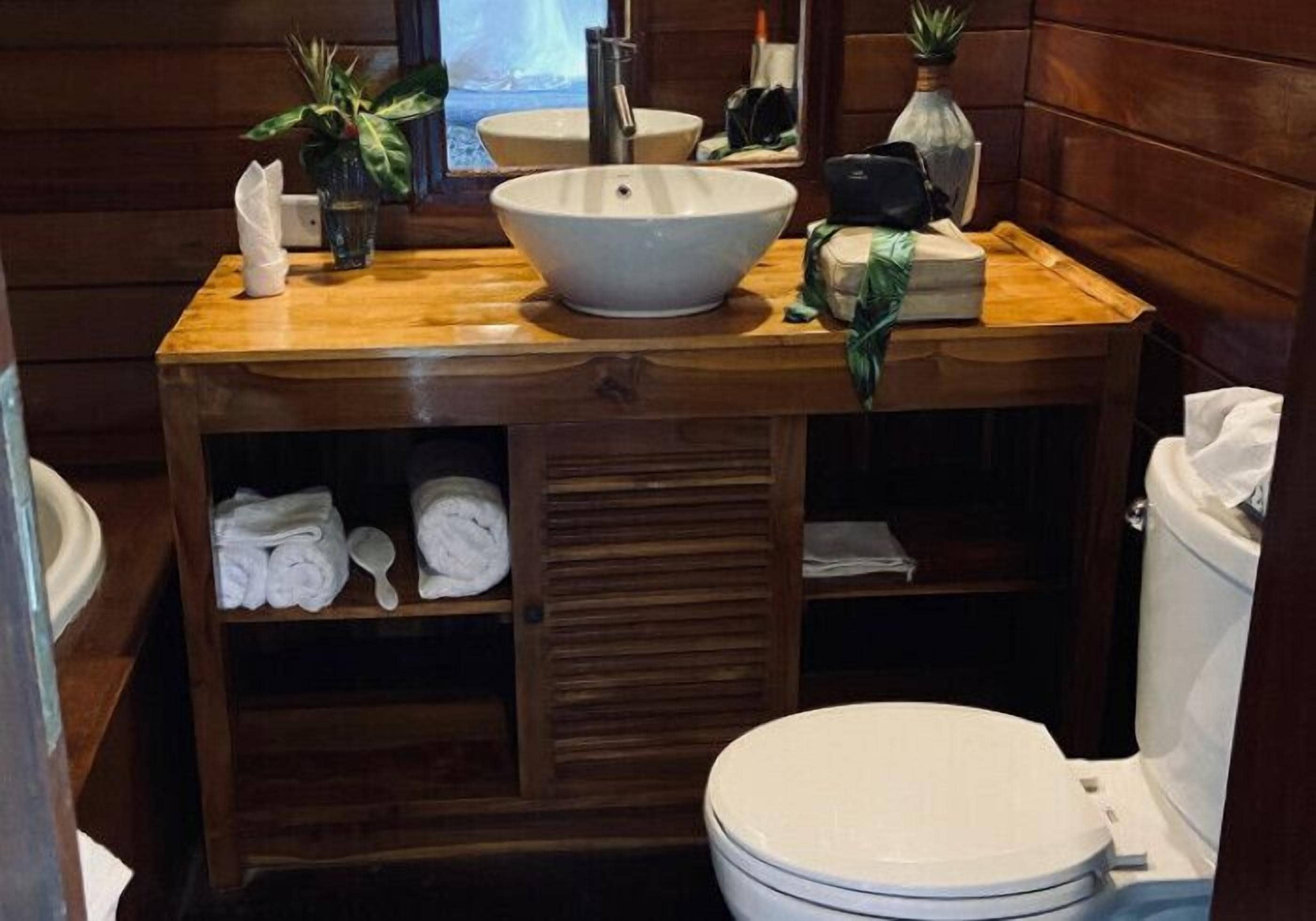 A wooden bathroom vanity with a large white sink, a mirror, and a toilet. There are towels and a plant on the vanity.