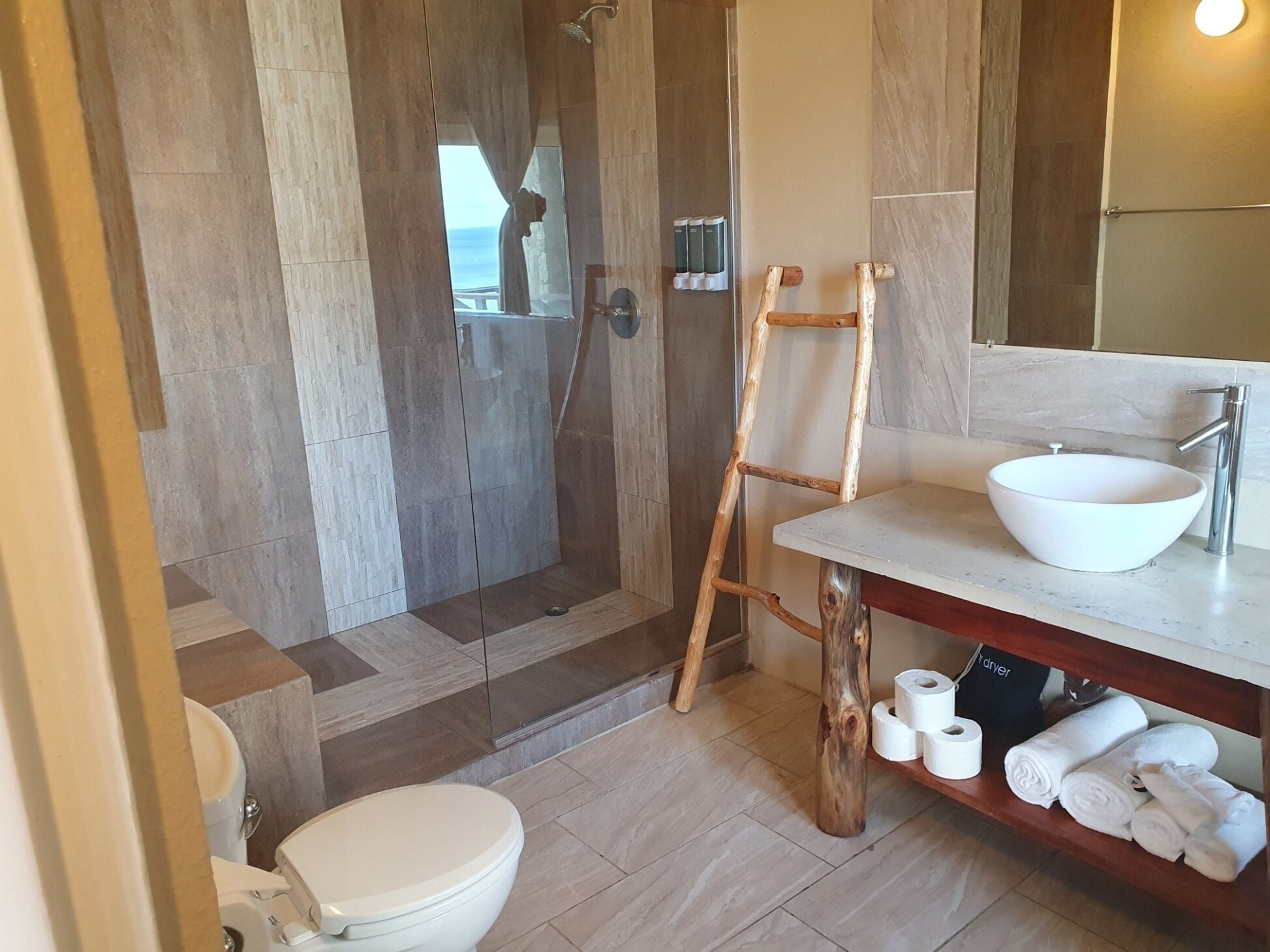 A modern bathroom with a walk-in shower, a wooden ladder, a white sink, and a toilet.