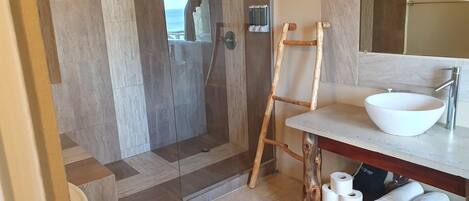 A modern bathroom with a walk-in shower, a wooden ladder, a white sink, and a toilet.