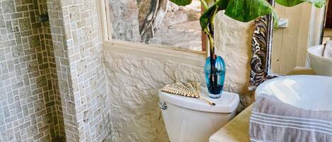 Un baño con ducha azulejada, inodoro con un jarrón azul y una planta.