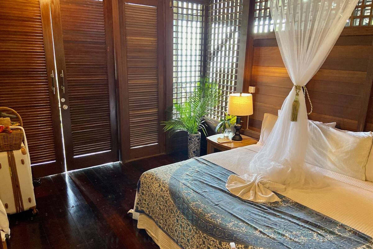 A bedroom with a bed, a nightstand, a lamp, a potted plant, and a suitcase.