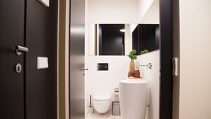 A modern bathroom with a white sink, a toilet, and a mirror above the sink.