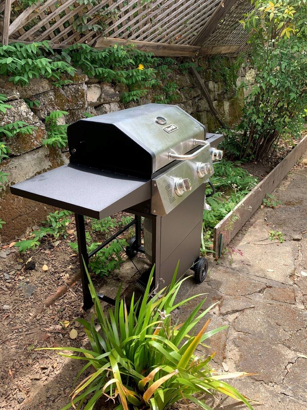 Una parrilla portátil con tapa y quemadores laterales, ubicada al aire libre sobre una superficie de concreto con plantas a su alrededor.