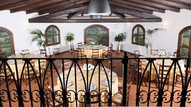Un comedor interior con varias mesas redondas, cada una con sillas y rodeada de plantas en macetas.
