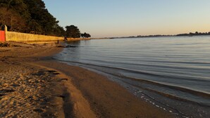 Una playa con arena, un muro de piedra y árboles al fondo.