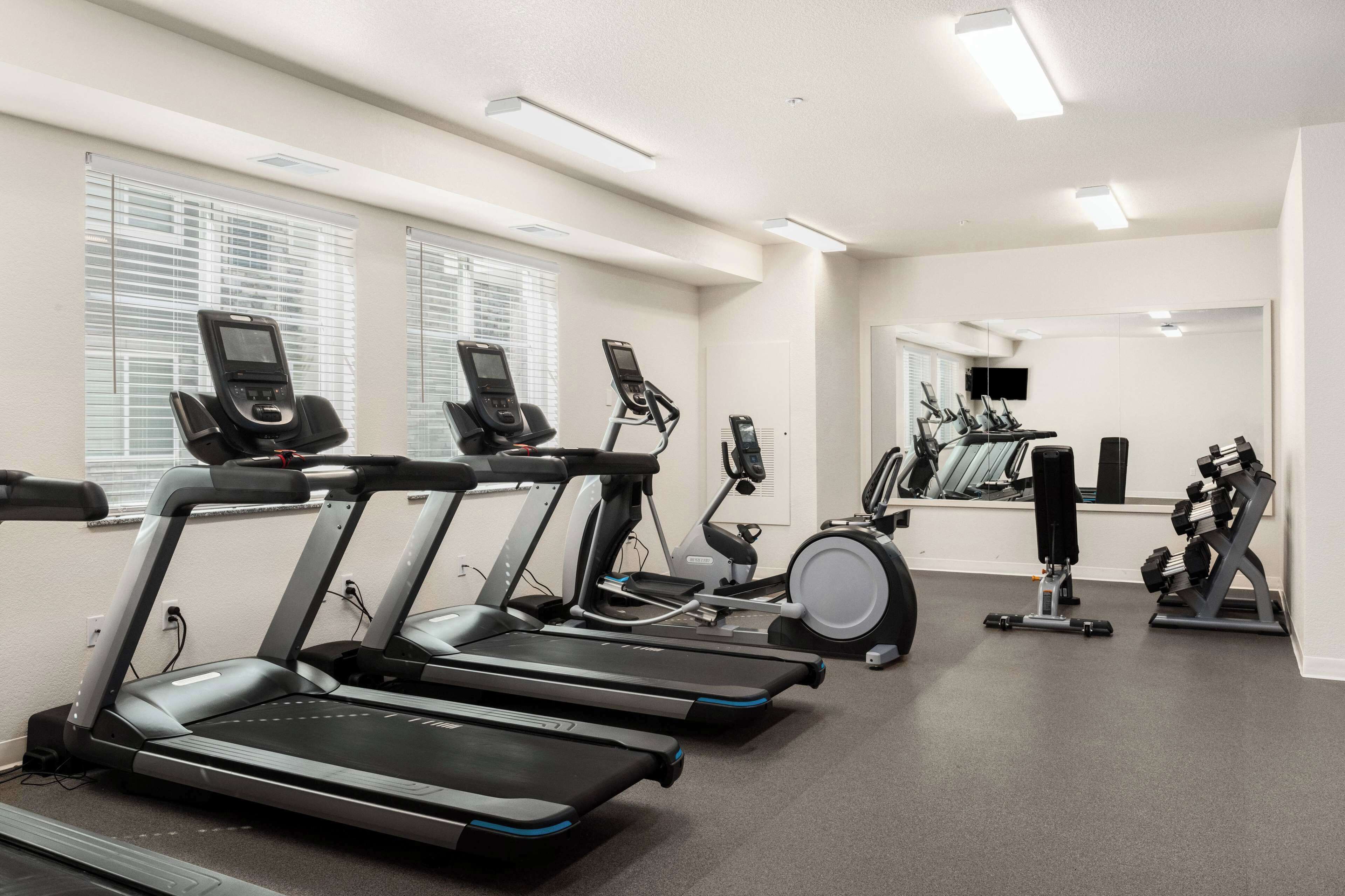 A gym with treadmills, stationary bikes, and a rowing machine.