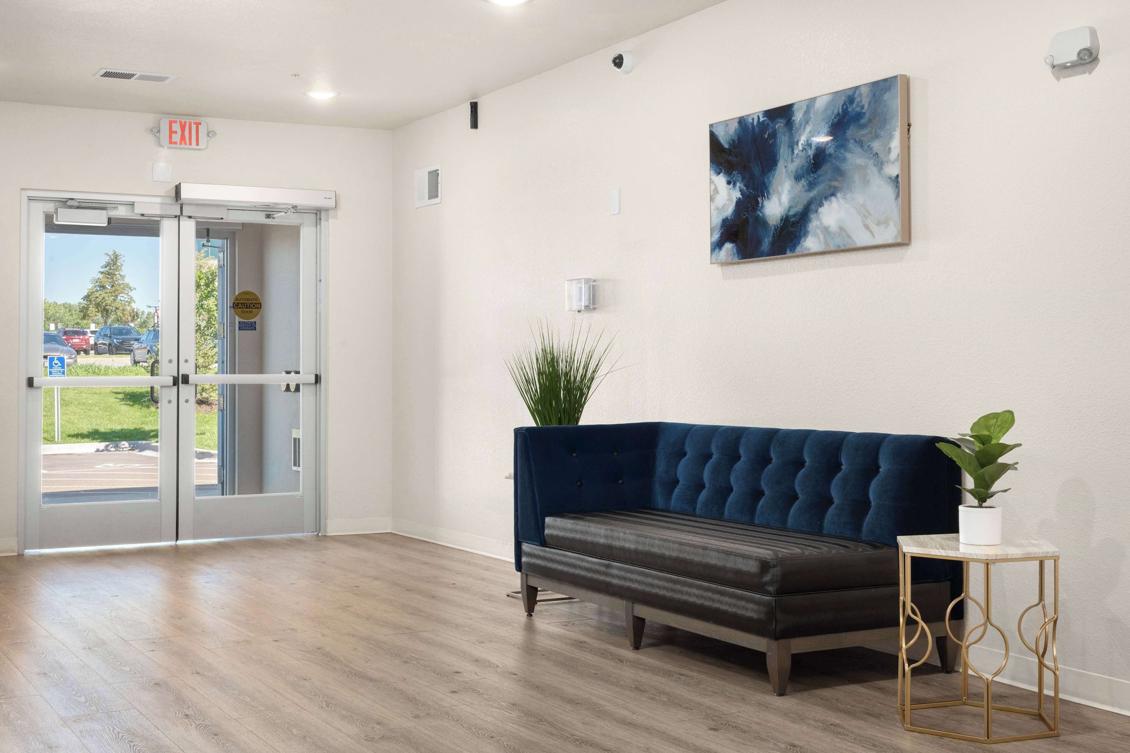 A modern lobby with a blue sofa, a potted plant, and a painting on the wall.