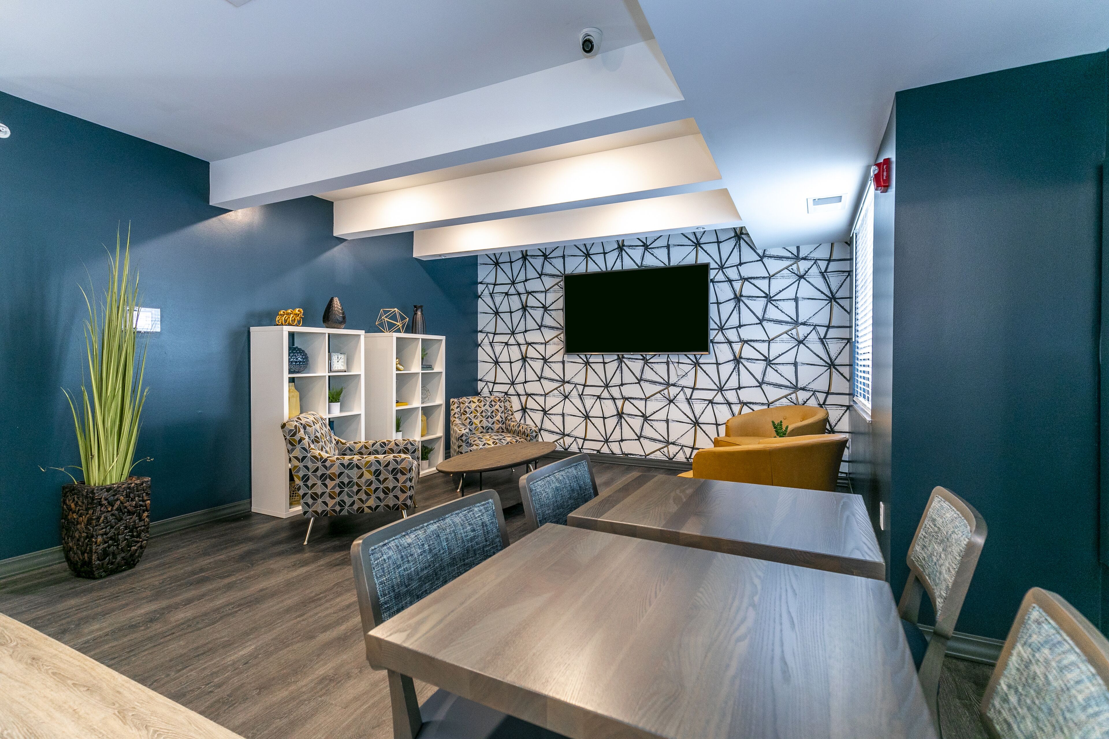 A modern meeting room with a wooden table, blue walls, patterned wallpaper, and a flat-screen TV mounted on the wall.
