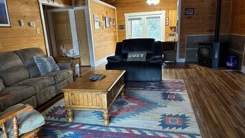 Télévision, cheminée, lecteur de DVD, livres