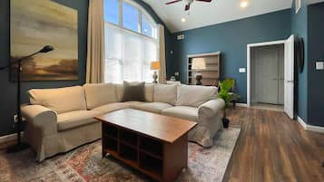 Smart TV, fireplace, books