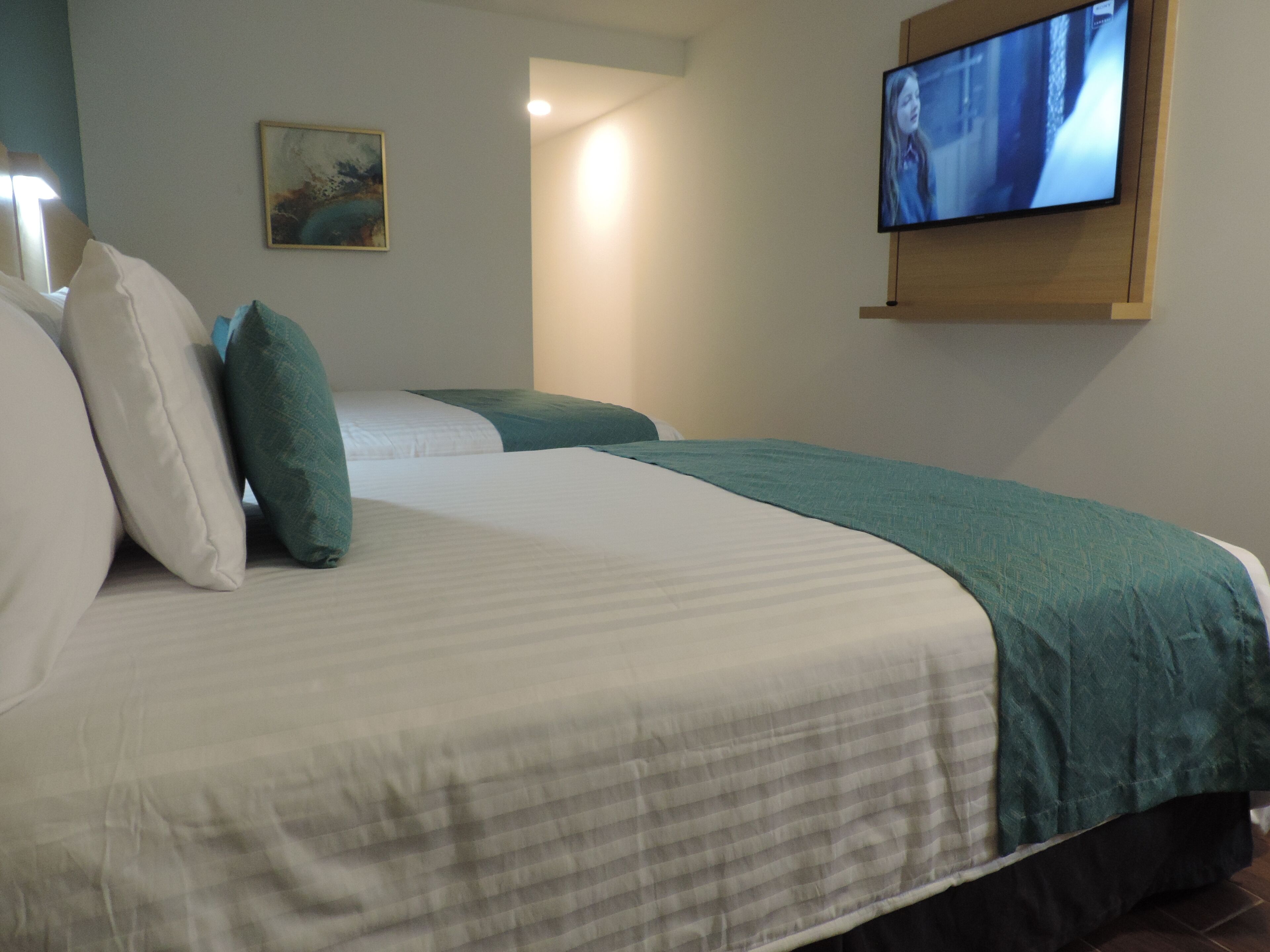 Una habitación de hotel con una cama, almohadas, un televisor y un cuadro en la pared.