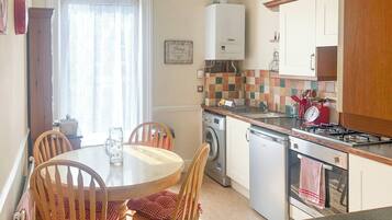 Fridge, microwave, oven, high chair