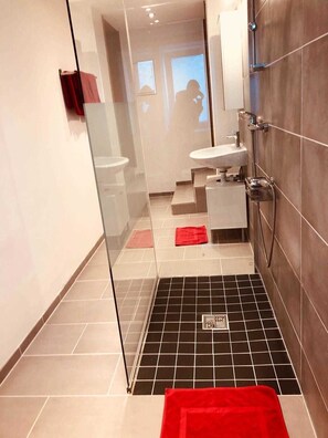 Shower, towels, toilet paper