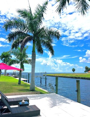 Eine Uferterrasse mit Liegestühlen, einer Palme und Blick auf das Wasser.