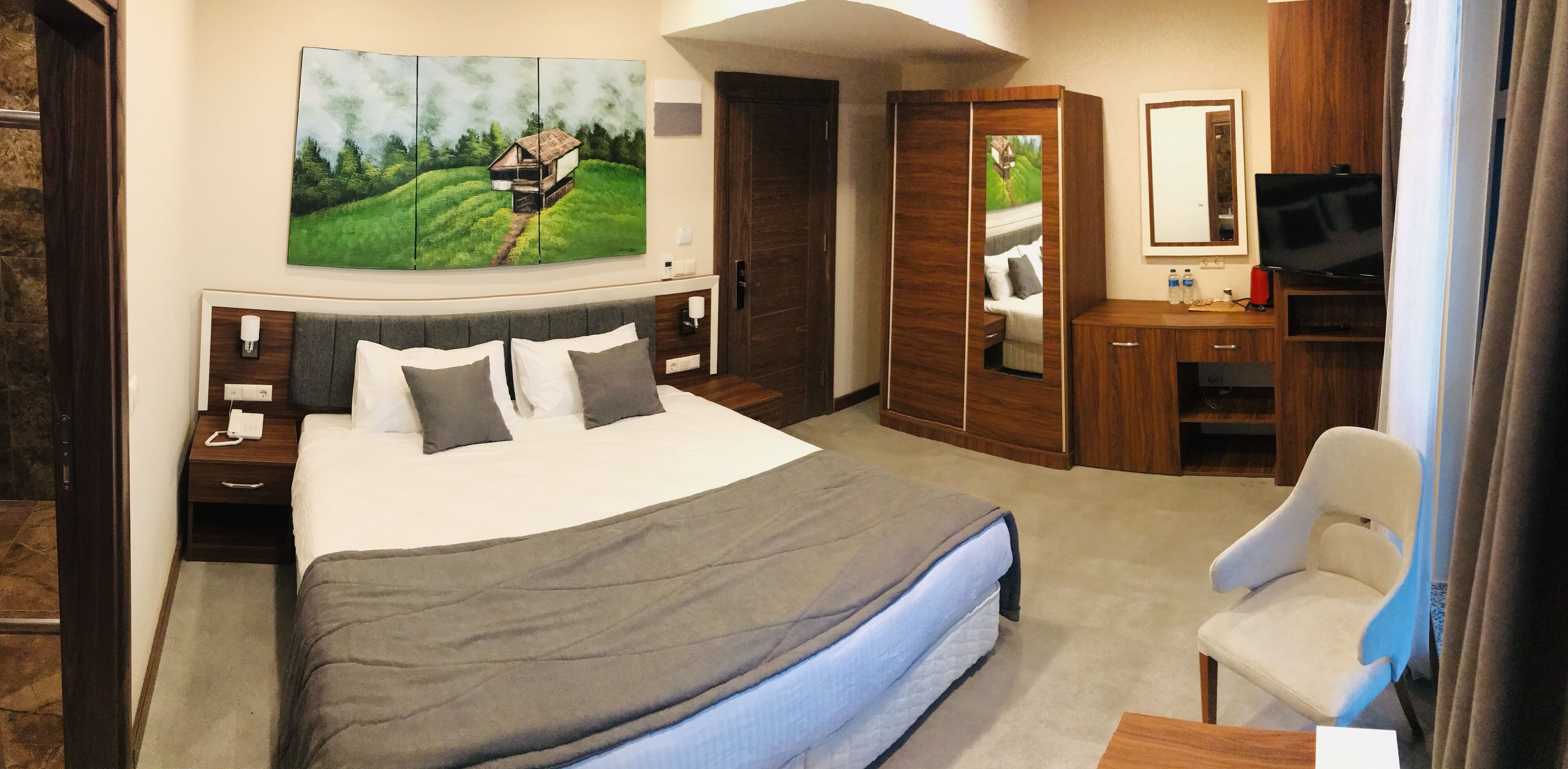 Hotelkamer met een groot bed, een bureau met een televisie, een stoel, een kledingkast en een schilderij aan de muur.