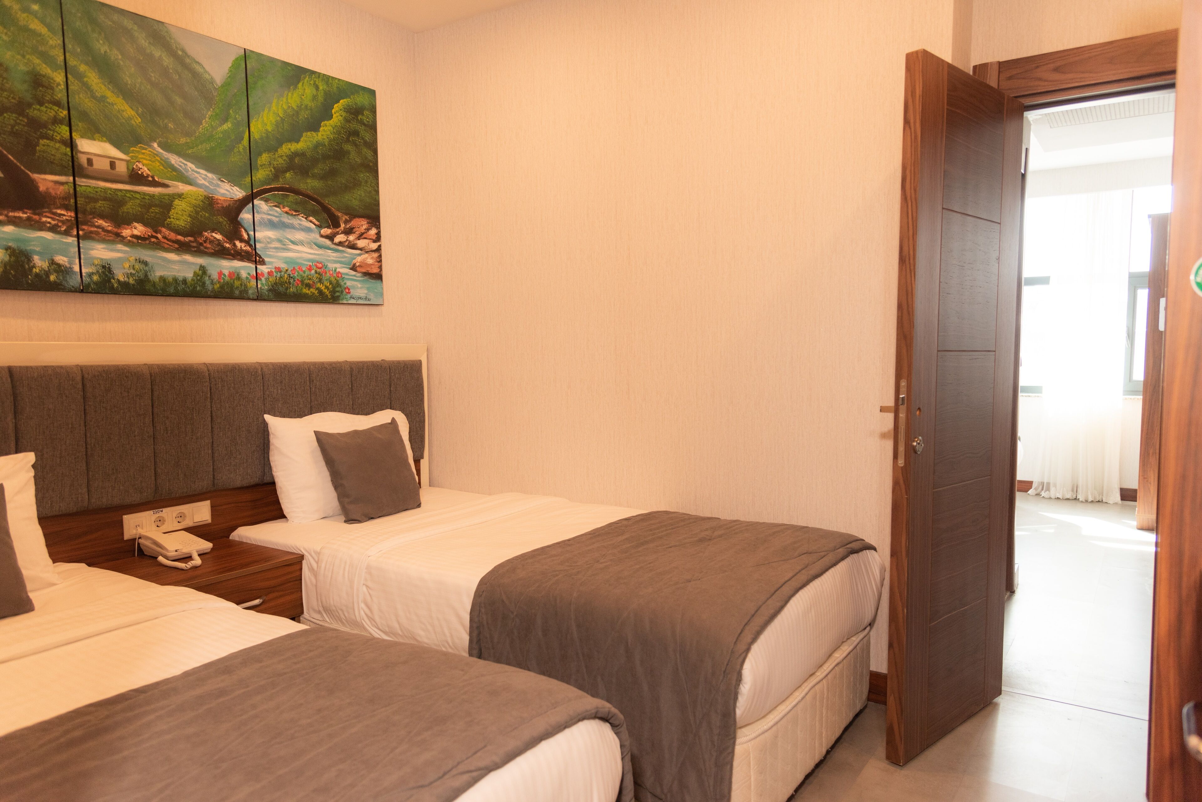 Une chambre d’hôtel avec deux lits, un tableau représentant un paysage, une porte en bois et une table de chevet avec un téléphone.