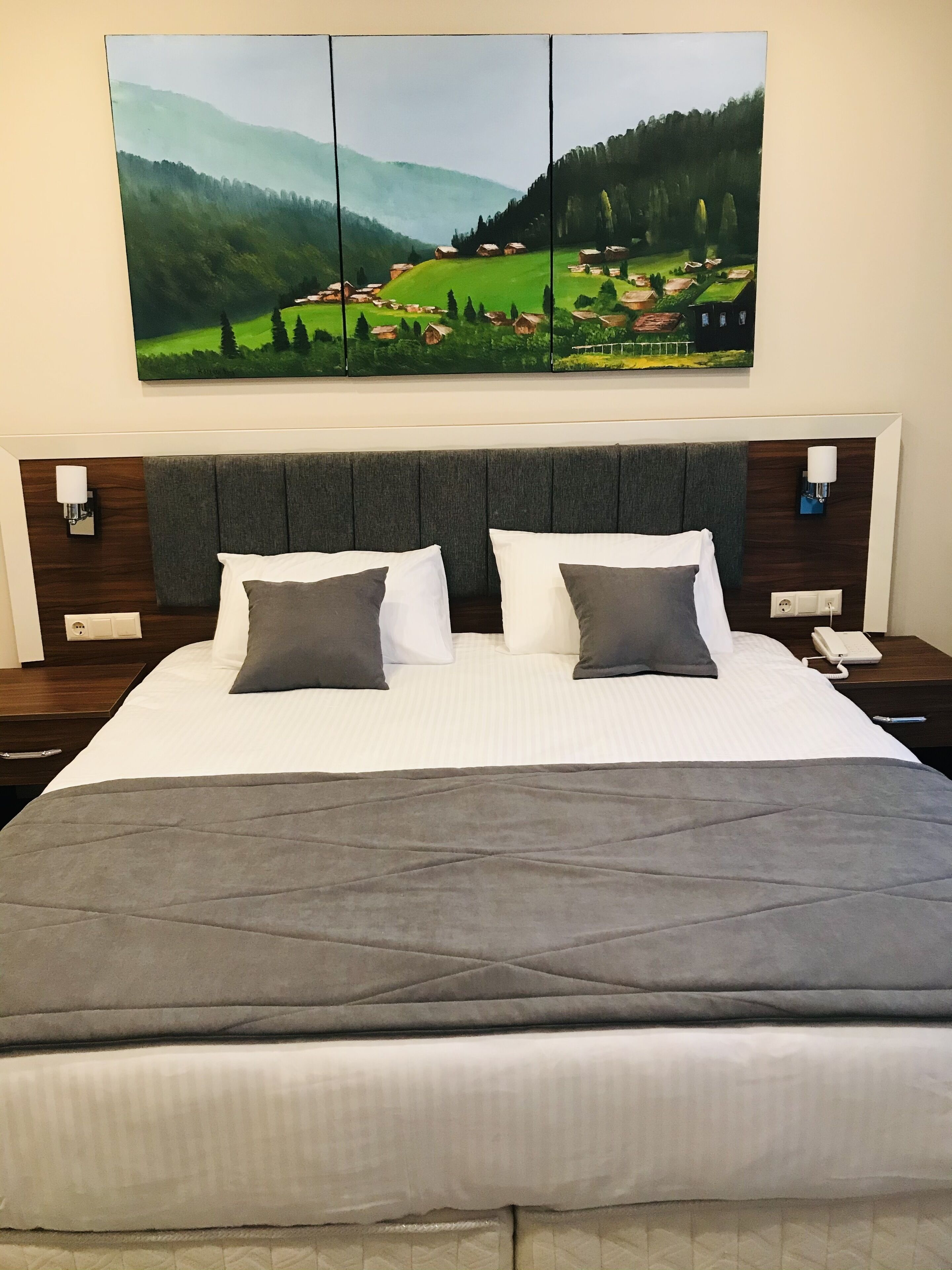 Habitació d'hotel amb un llit gran, roba de llit gris i un quadre d'un paisatge verd sobre el llit.