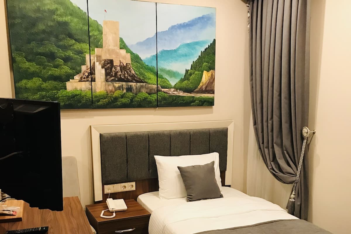 A hotel room with a bed, a bedside table with a phone and remote control, a TV on a stand, and a large landscape painting above the bed.