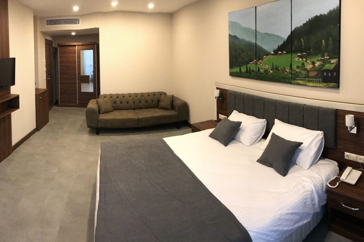 A hotel room with a large bed, a sofa, a TV, and a painting on the wall.