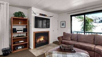 Televisión, chimenea, libros y estéreo