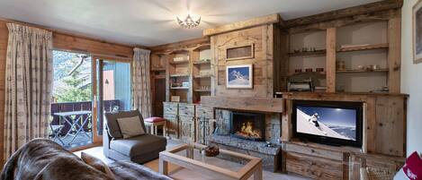 Télévision, cheminée, lecteur de DVD